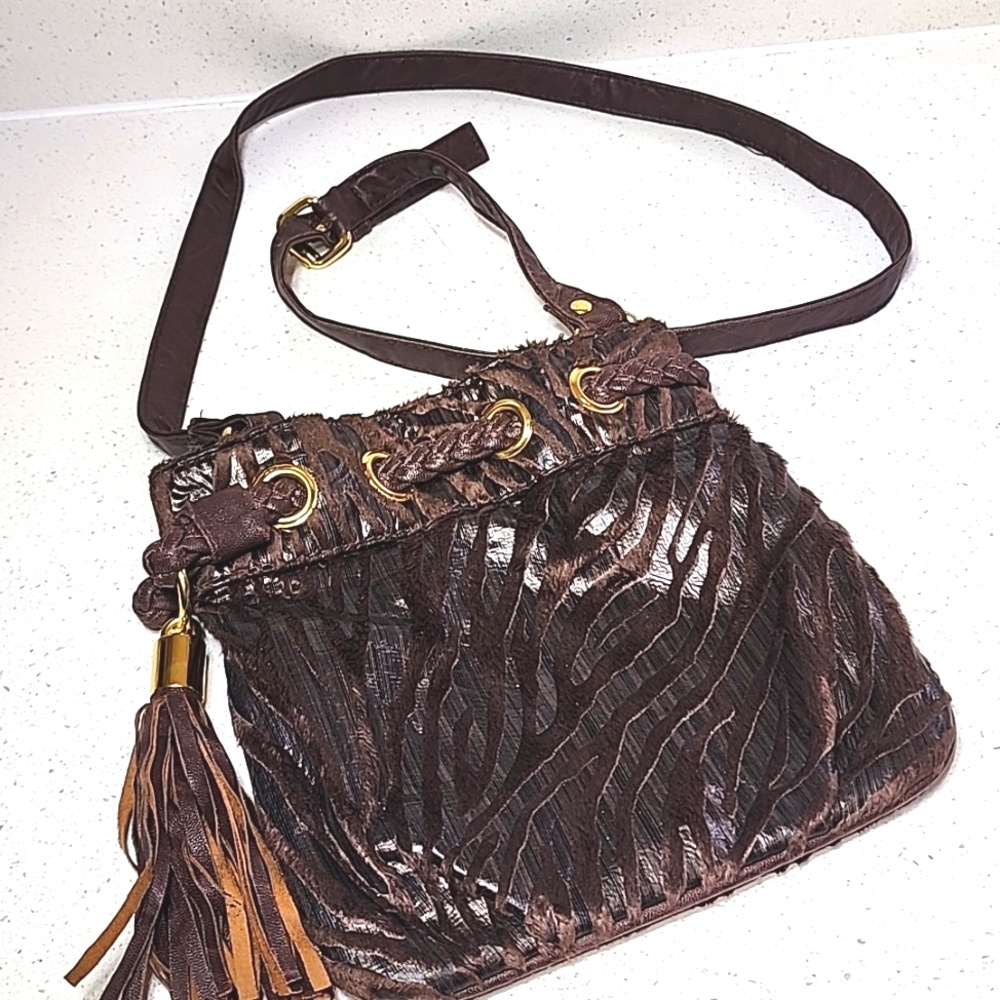 Braciano Faux Brown Leather Cross Body Shoulder Bag with Animal Print And Tassel